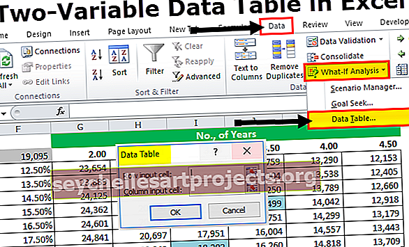 Dviejų kintamųjų duomenų lentelė „Excel“