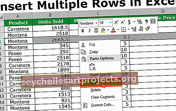 Programmā Excel ievietojiet vairākas rindas